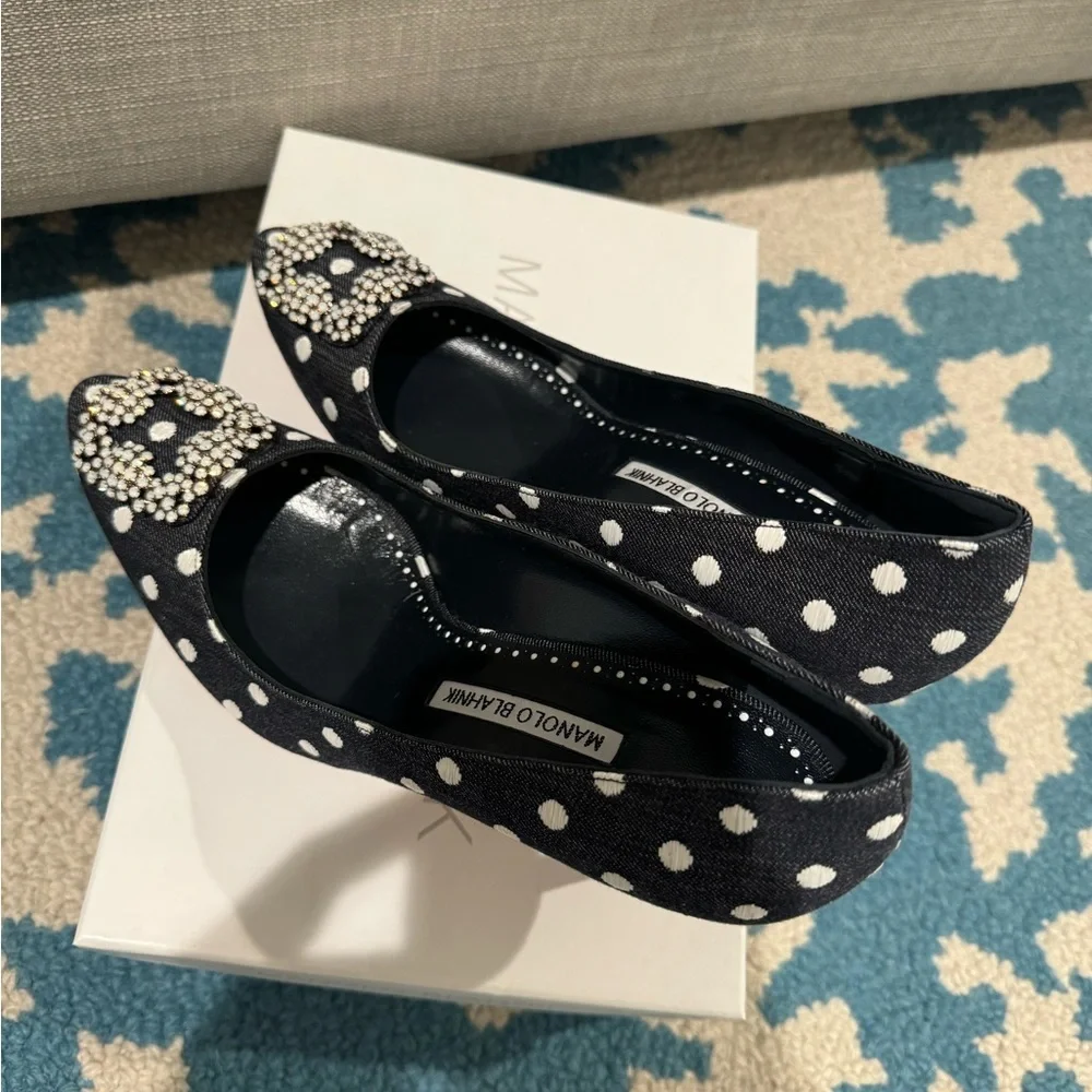 Manolo Blahnik Black and White Polka Dot Heels 70mm Jacquard Jeans Blk - Picture 6 of 10